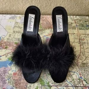Frederick's satin feather heels fluffy black fur
